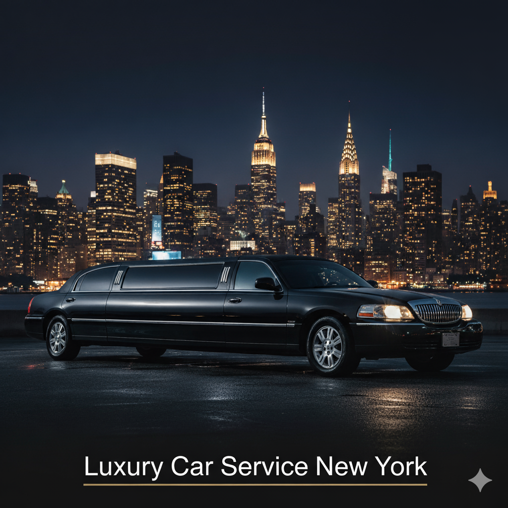 Black luxury limousine in front of the NYC skyline. Text: Luxury Car Service New York.